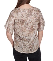 Ruby Rd. Petite Size Knit Floral Ikat Print Split V-Neck Short Ruffle Sleeve Top