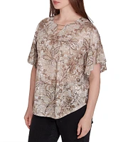 Ruby Rd. Petite Size Knit Floral Ikat Print Split V-Neck Short Ruffle Sleeve Top