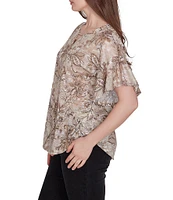 Ruby Rd. Petite Size Knit Floral Ikat Print Split V-Neck Short Ruffle Sleeve Top