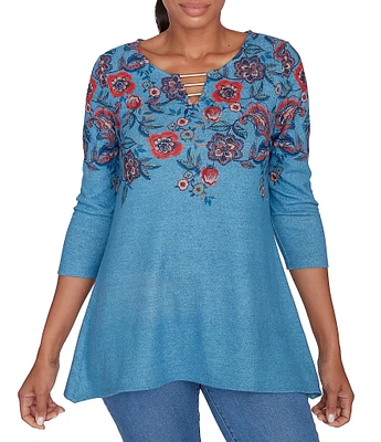 Ruby Rd. Petite Size Knit Floral Vine Split V-Neck 3/4 Sleeve Top