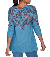 Ruby Rd. Petite Size Knit Floral Vine Split V-Neck 3/4 Sleeve Top