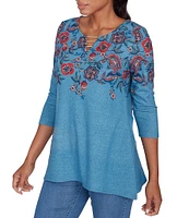 Ruby Rd. Petite Size Knit Floral Vine Split V-Neck 3/4 Sleeve Top