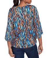 Ruby Rd. Petite Size Knit Ikat Print Crew Neck Gathered Front Hem 3/4 Sleeve Top