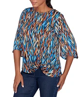 Ruby Rd. Petite Size Knit Ikat Print Crew Neck Gathered Front Hem 3/4 Sleeve Top