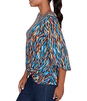 Ruby Rd. Petite Size Knit Ikat Print Crew Neck Gathered Front Hem 3/4 Sleeve Top