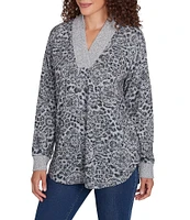 Ruby Rd. Petite Size Knit Leopard Contrast Trim V-Neck Long Sleeve Top