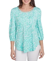 Ruby Rd. Petite Size Knit Mixed Pattern Print Ladder Stitch Scoop Neck 3/4 Sleeve Top