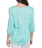 Ruby Rd. Petite Size Knit Mixed Pattern Print Ladder Stitch Scoop Neck 3/4 Sleeve Top