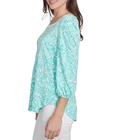 Ruby Rd. Petite Size Knit Mixed Pattern Print Ladder Stitch Scoop Neck 3/4 Sleeve Top