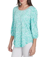 Ruby Rd. Petite Size Knit Mixed Pattern Print Ladder Stitch Scoop Neck 3/4 Sleeve Top