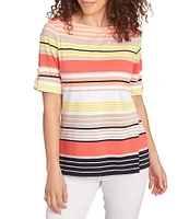 Ruby Rd. Petite Size Knit Multi Stripe Boat Neck Short Roll-Tab Sleeve Top