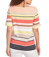 Ruby Rd. Petite Size Knit Multi Stripe Boat Neck Short Roll-Tab Sleeve Top
