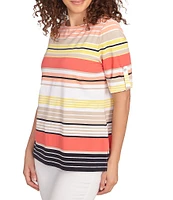 Ruby Rd. Petite Size Knit Multi Stripe Boat Neck Short Roll-Tab Sleeve Top