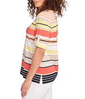Ruby Rd. Petite Size Knit Multi Stripe Boat Neck Short Roll-Tab Sleeve Top