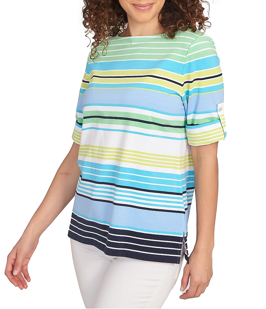 Ruby Rd. Petite Size Knit Multi Stripe Boat Neck Short Roll-Tab Sleeve Top