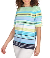 Ruby Rd. Petite Size Knit Multi Stripe Boat Neck Short Roll-Tab Sleeve Top