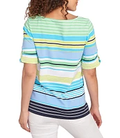 Ruby Rd. Petite Size Knit Multi Stripe Boat Neck Short Roll-Tab Sleeve Top