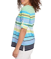 Ruby Rd. Petite Size Knit Multi Stripe Boat Neck Short Roll-Tab Sleeve Top