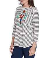 Ruby Rd. Petite Size Knit Nutcracker Stripe Boat Neck 3/4 Sleeve Top