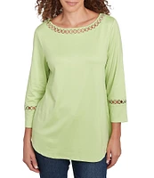 Ruby Rd. Petite Size Knit Open Threaded Trim Scoop Neck 3/4 Sleeve Top