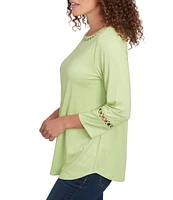 Ruby Rd. Petite Size Knit Open Threaded Trim Scoop Neck 3/4 Sleeve Top