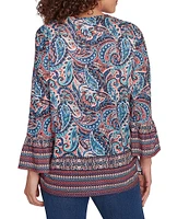 Ruby Rd. Petite Size Knit Paisley Border Print Embellished Split V-Neck 3/4 Sleeve Bib Top