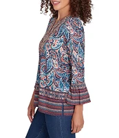 Ruby Rd. Petite Size Knit Paisley Border Print Embellished Split V-Neck 3/4 Sleeve Bib Top