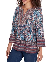 Ruby Rd. Petite Size Knit Paisley Border Print Embellished Split V-Neck 3/4 Sleeve Bib Top