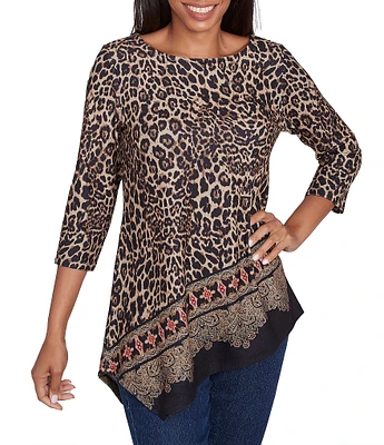 Ruby Rd. Petite Size Knit Leopard Paisley Border Print Ballet Neck 3/4 Sleeve Top