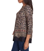 Ruby Rd. Petite Size Knit Leopard Paisley Border Print Ballet Neck 3/4 Sleeve Top