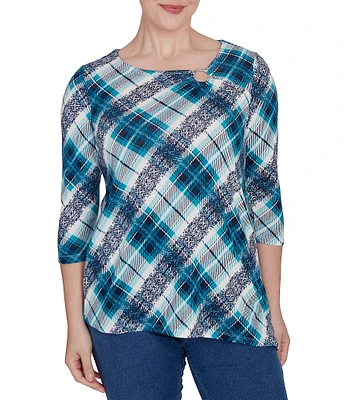 Ruby Rd. Petite Size Knit Plaid O-Ring Detail Crew Neck 3/4 Sleeve Hatchi Top