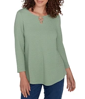 Ruby Rd. Petite Size Knit Split V-Neck 3/4 Sleeve Top