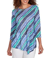 Ruby Rd. Petite Size Knit Stripe Crew Neck 3/4 Sleeve Asymmetric Hem Top