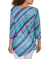 Ruby Rd. Petite Size Knit Stripe Crew Neck 3/4 Sleeve Asymmetric Hem Top