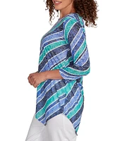 Ruby Rd. Petite Size Knit Stripe Crew Neck 3/4 Sleeve Asymmetric Hem Top