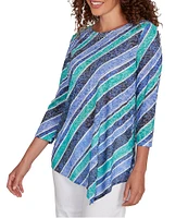 Ruby Rd. Petite Size Knit Stripe Crew Neck 3/4 Sleeve Asymmetric Hem Top