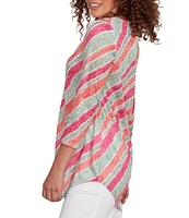 Ruby Rd. Petite Size Knit Stripe Crew Neck 3/4 Sleeve Asymmetric Hem Top