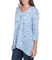 Ruby Rd. Petite Size Knit Swirl Jacquard V-Neck 3/4 Sleeve Top