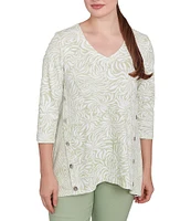 Ruby Rd. Petite Size Knit Swirl Jacquard V-Neck 3/4 Sleeve Top