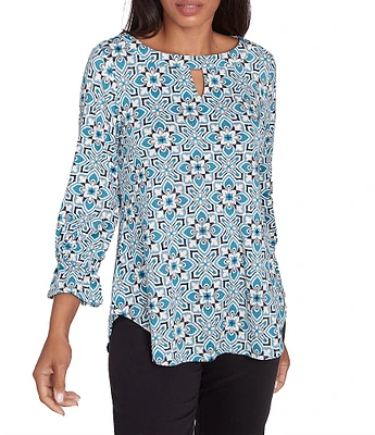 Ruby Rd. Petite Size Knit Tiles Print Keyhole Neck 3/4 Sleeve Top