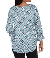 Ruby Rd. Petite Size Knit Tiles Print Keyhole Neck 3/4 Sleeve Top