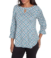 Ruby Rd. Petite Size Knit Tiles Print Keyhole Neck 3/4 Sleeve Top