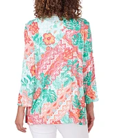 Ruby Rd. Petite Size Knit Tropical Island Patchwork Embroidered Split V-Neck 3/4 Sleeve Shirt