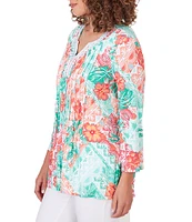 Ruby Rd. Petite Size Knit Tropical Island Patchwork Embroidered Split V-Neck 3/4 Sleeve Shirt