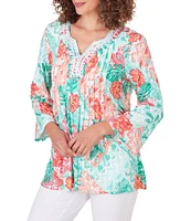 Ruby Rd. Petite Size Knit Tropical Island Patchwork Embroidered Split V-Neck 3/4 Sleeve Shirt