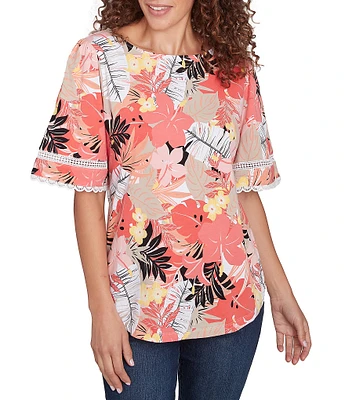 Ruby Rd. Petite Size Knit Tropical Paradise Print Crew Neck Short Sleeve Top