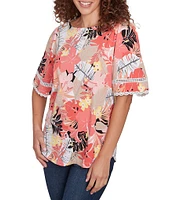 Ruby Rd. Petite Size Knit Tropical Paradise Print Crew Neck Short Sleeve Top