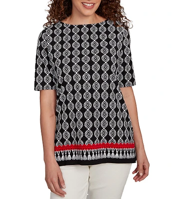 Ruby Rd. Petite Size Medallion Border Print Boat Neck Elbow Sleeve Top