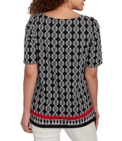 Ruby Rd. Petite Size Medallion Border Print Boat Neck Elbow Sleeve Top