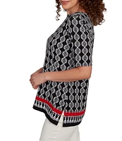 Ruby Rd. Petite Size Medallion Border Print Boat Neck Elbow Sleeve Top